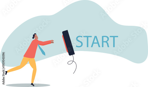 Push start button to start new business, entrepreneur to begin new company, startup to launch project, opportunity,human life and situation.