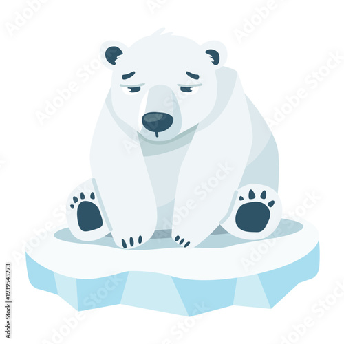 Sad Polar Bear on Iceberg Climate Change Cartoon Vector Illustration. Global Warming.