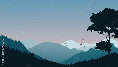Misty Blue Mountain Landscape with Evergreen Forest Silhouette and Flying Birds Vector Illustration