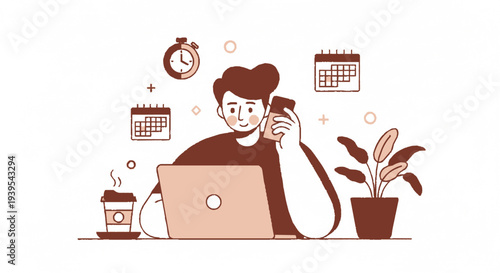 Freelancer multitasking on laptop with phone coffee and plant surrounded by calendar and clock icons