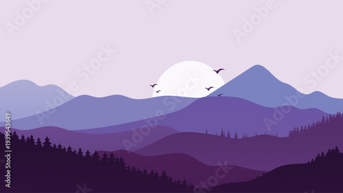 Purple Sunset Mountain Landscape with Pine Forest Silhouette and Flying Birds Background Vector Illustration