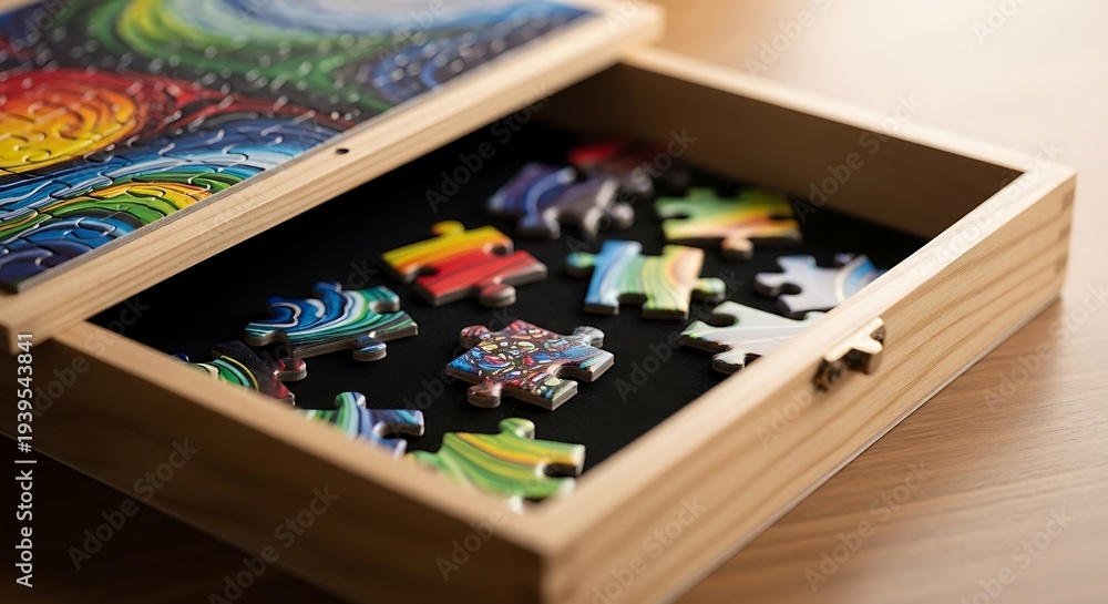 Fototapeta premium Jigsaw Puzzle Pieces in Wooden Box.