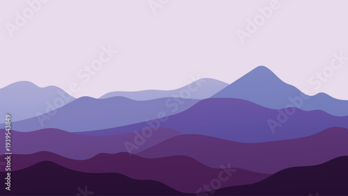 Minimalist purple vector landscape of layered mountains and misty hills in twilight sky