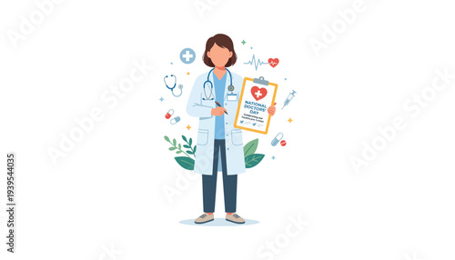 Female doctor celebrating National Doctors' Day with medical symbols