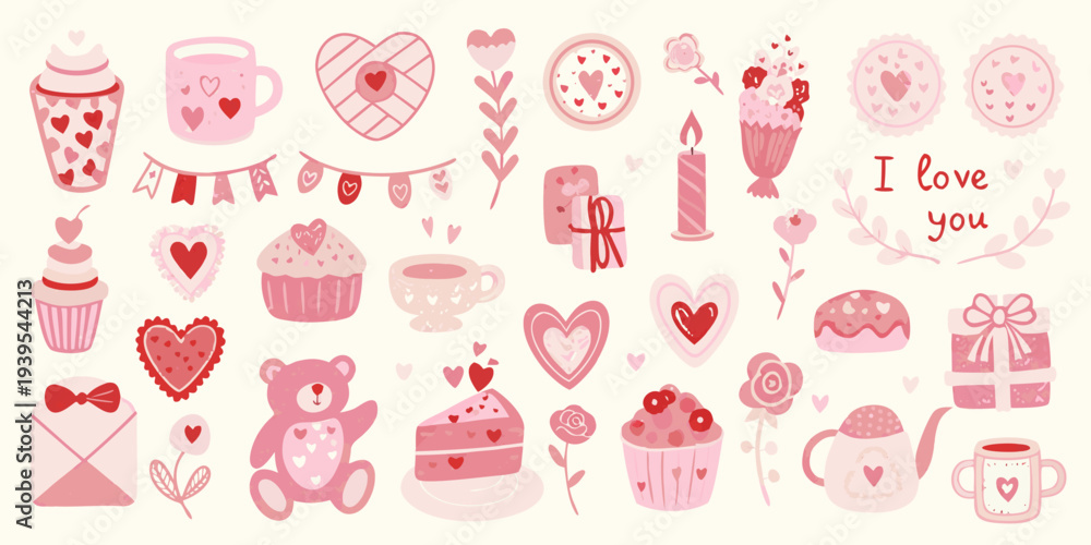 Fototapeta premium A collection of charming pink and red valentine s day themed illustrations