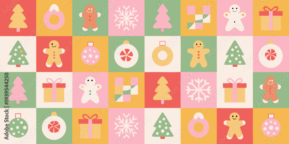 Fototapeta premium Festive christmas pattern with gingerbread men trees and gift boxes