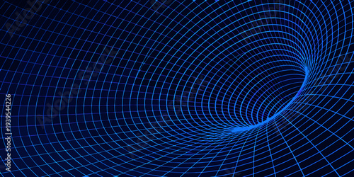 A digital rendering depicts a vibrant blue vortex or wormhole effect