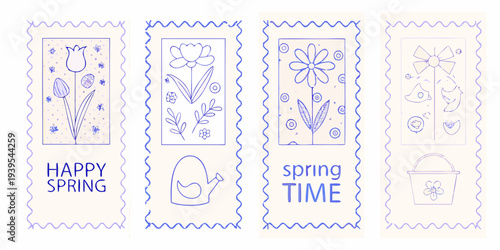 Hand drawn floral postage stamps with spring greetings and whimsical details