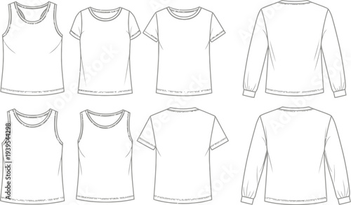 Collection of basic apparel flat sketches featuring front and back views of tank tops and various short sleeve shirts for catalog use.