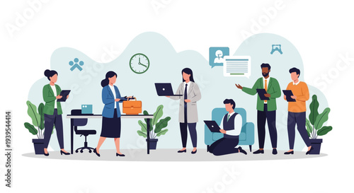 Modern Business Team Collaboration in Dynamic Office Environment Vector Illustration