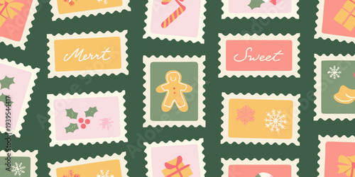 Festive christmas postage stamps with holiday illustrations on green background