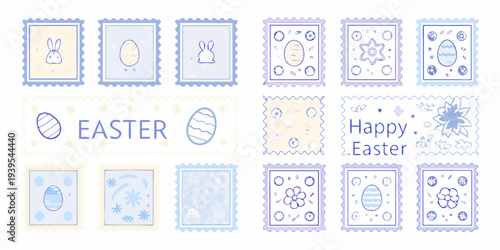 A collection of pastel colored easter themed stamps and decorative elements