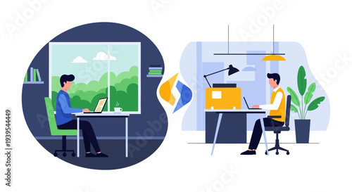 Modern Hybrid Work Model Concept: Balancing Remote Work from Home with Traditional Office Environment for Business Flexibility