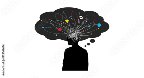 Mental Overload & Stress: Abstract Head with Chaotic Tangled Thoughts, Brainstorming, and Information Overload Concept