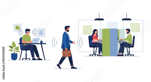 Hybrid Work Model Illustration: Remote, Office, and Commuting Professionals Showcase Flexible Modern Workplace Connectivity