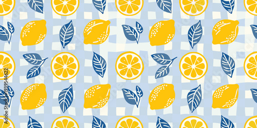 A repeating pattern of lemons leaves and citrus slices on blue