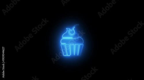 Neon Blue Cupcake Glowing Bright on Dark Background Dessert Symbol