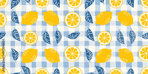 A repeating pattern of lemons oranges and leaves on blue gingham