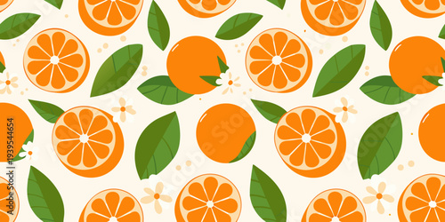 Seamless pattern of oranges orange slices leaves and blossoms