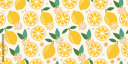 A vibrant seamless pattern of lemons flowers and citrus slices
