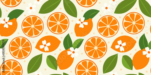 Seamless pattern of vibrant orange slices blossoms and lush green leaves