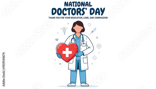 Female doctor holding red heart with white cross on Doctors' Day