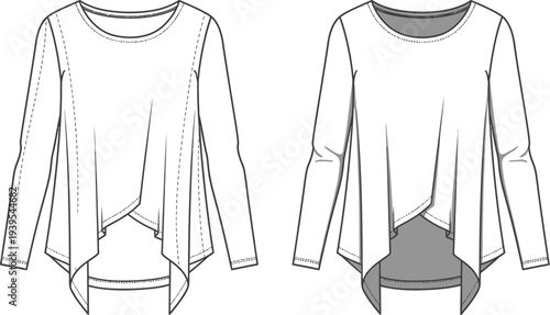 Two technical fashion flats illustrate a women's long sleeve asymmetrical hem tunic top showing front and back views with detailed seam lines.