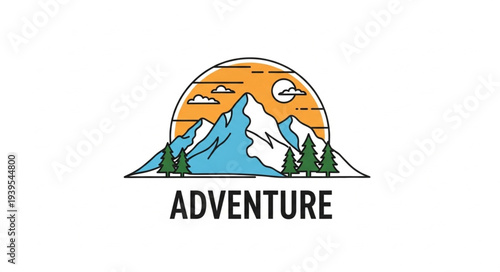 Mountain Landscape with Sun and Clouds Illustration.