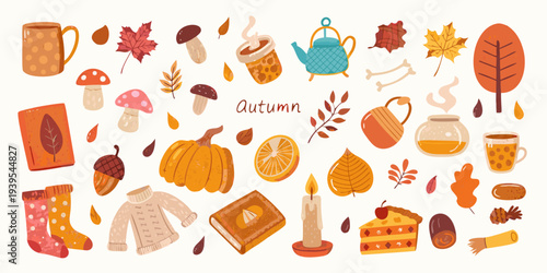 A colorful autumn illustration featuring seasonal objects and foliage