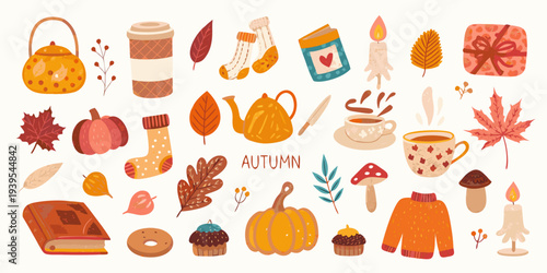 A cozy autumn collection of illustrated seasonal objects and decorations