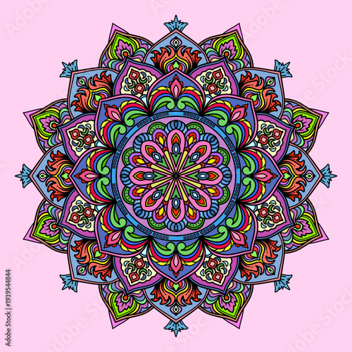 oriental mandala motif, blossom shape, vintage decorative elements, vector illustration,  colourful mandala, design for carpet, wall tapestry, decoration, tattoo, Islam, Arabic, Indian, Moroccan