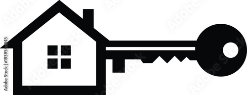 Black silhouette house with key symbol representing home security, property ownership, real estate access, safe housing investment, mortgage concept, and modern residential protection design.