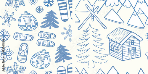 Winter themed doodles including snowflakes trees and cozy cabin scenes