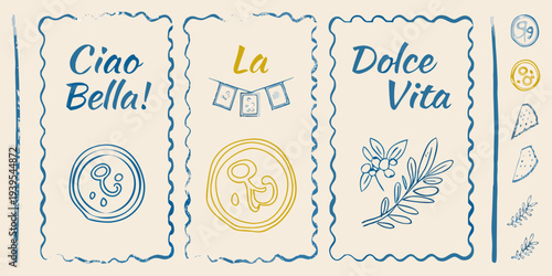 Italian phrases and doodles on a beige textured background