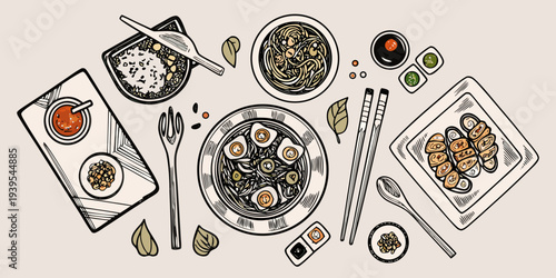 Overhead view of various asian dishes including sushi noodles and rice