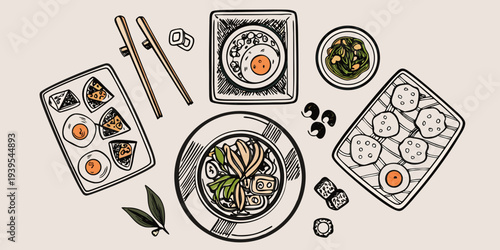 Overhead view of illustrated asian cuisine including sushi and noodle dishes