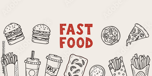 Doodle style illustration featuring various fast food items and text