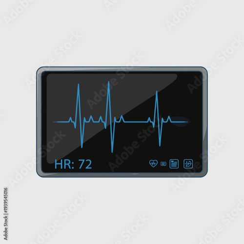 Heart Rate Monitor Displaying 72 BPM with ECG Waveform and Medical Icons