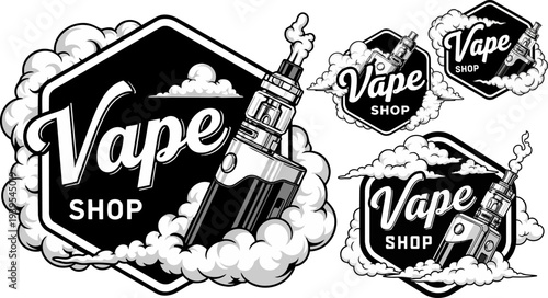 Set of 3 vape shop vector logos with clouds and e-cigarettes