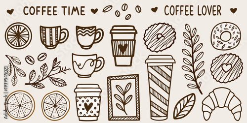 A collection of hand drawn coffee citrus and pastry illustrations