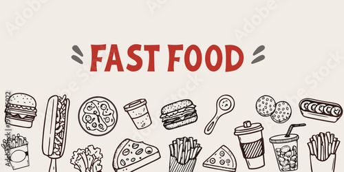 Doodle illustration featuring various fast food items and lettering