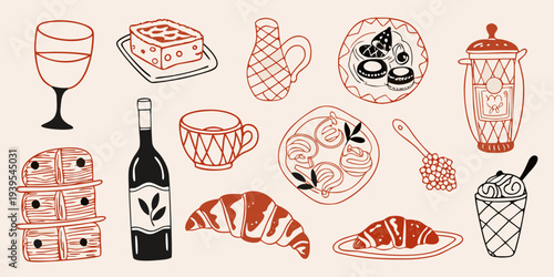 A collection of hand drawn illustrations depicting various food and drink items