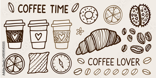 Coffee and pastry doodle illustration with lettering and decorative elements