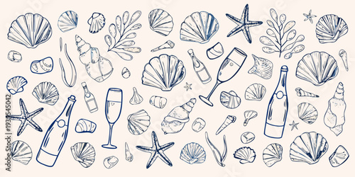 Sketch of seashells starfish wine glasses and bottles on beige