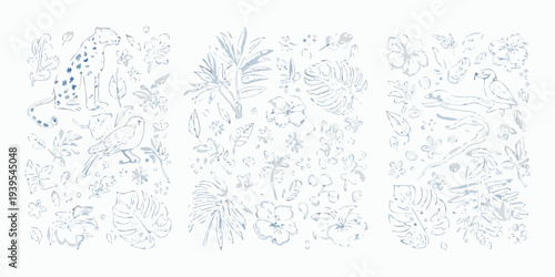 Blueprint style illustration featuring tropical animals and lush foliage