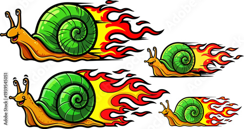 Set of 4 green snails on fire vector icons