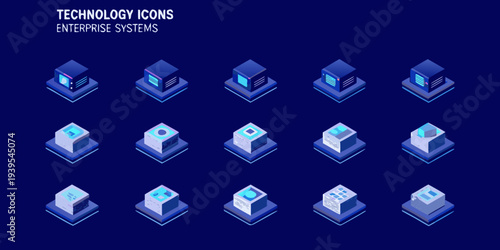 Isometric technology icons representing enterprise systems and data infrastructure