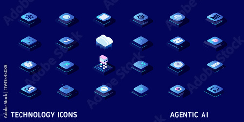 Isometric technology icons in blue and purple gradients depict digital concepts