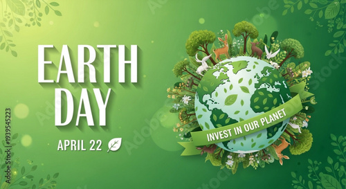 Earth day globe with green ribbon and trees invest in our planet eco friendly background