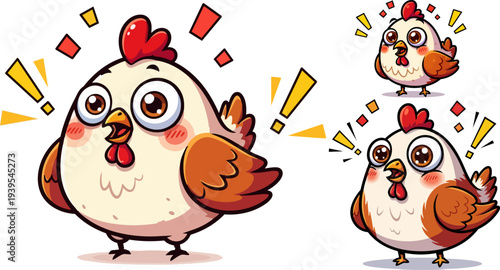 Set of 3 cartoon chicken emoticon vector icons